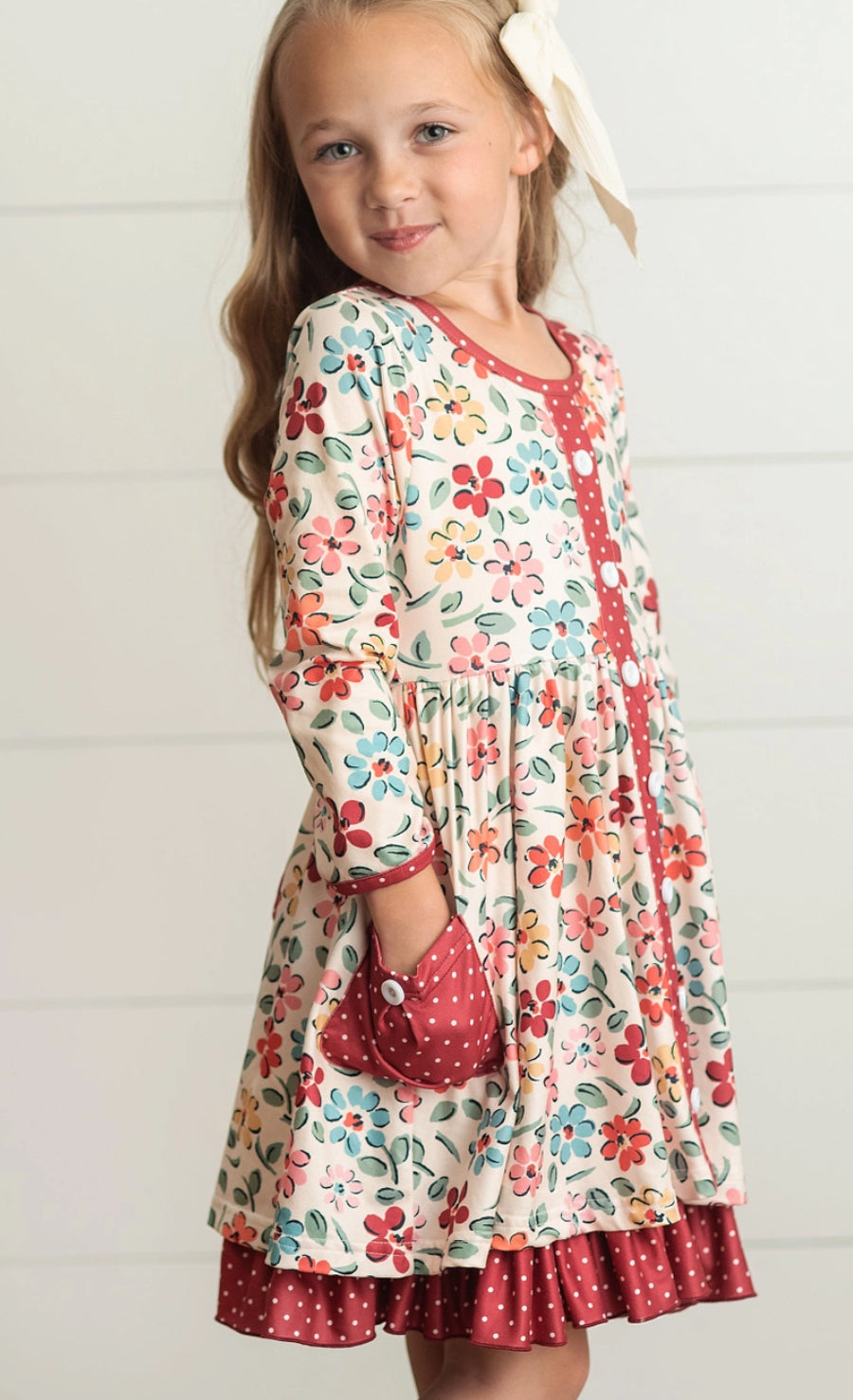 Cream & Burgundy Floral Ruffle Button Pocket Fall Dress