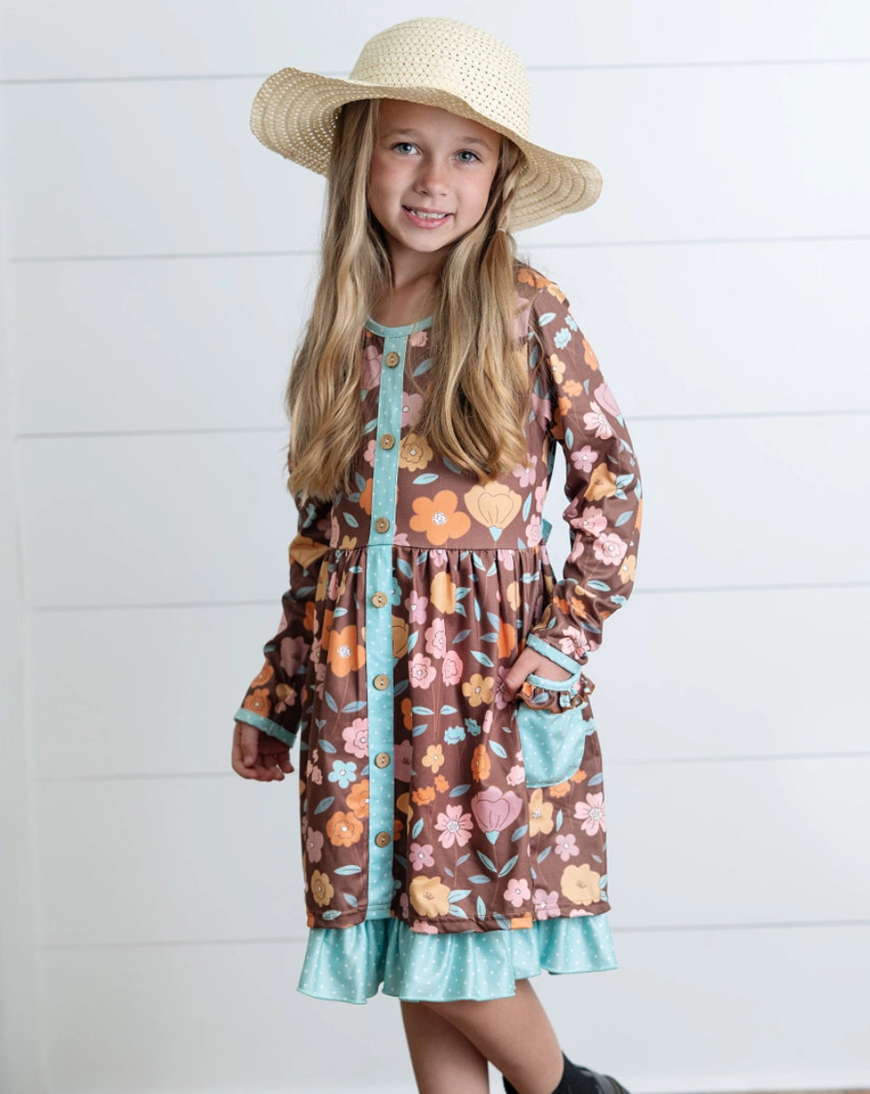 Brown Floral Ruffle Pocket Tie Fall Dress