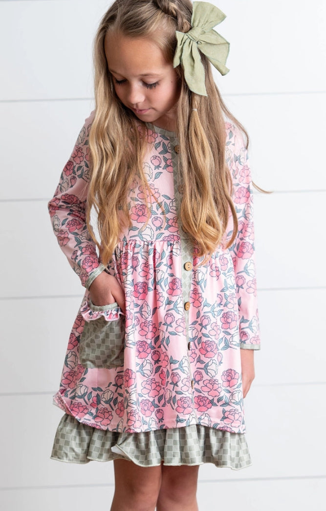 Rose Floral & Sage Check Ruffle Pocket Tie Dress