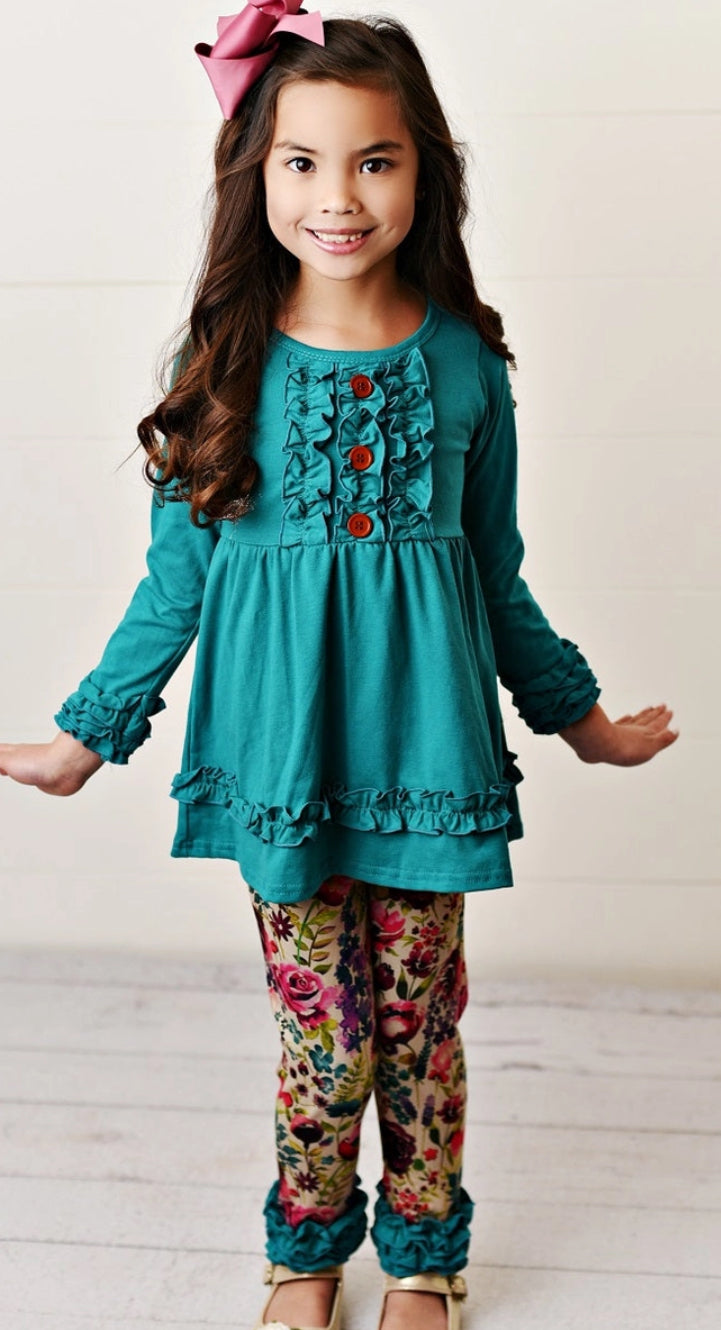 Teal Plum Floral Ruffle Button Fall Two Piece Set