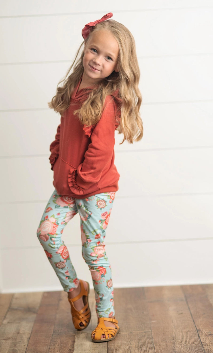 Rust Pocket Ruffle Hoodie Shirt & Leggings Fall Set